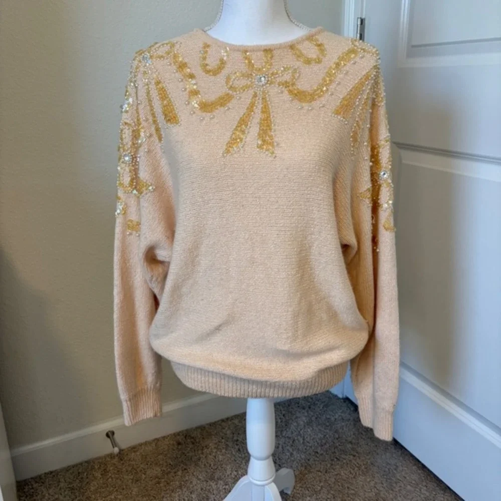 Jaclyn Smith Vintage Silk Angora Blend Beaded Sequin Bow Sweater Peach Small